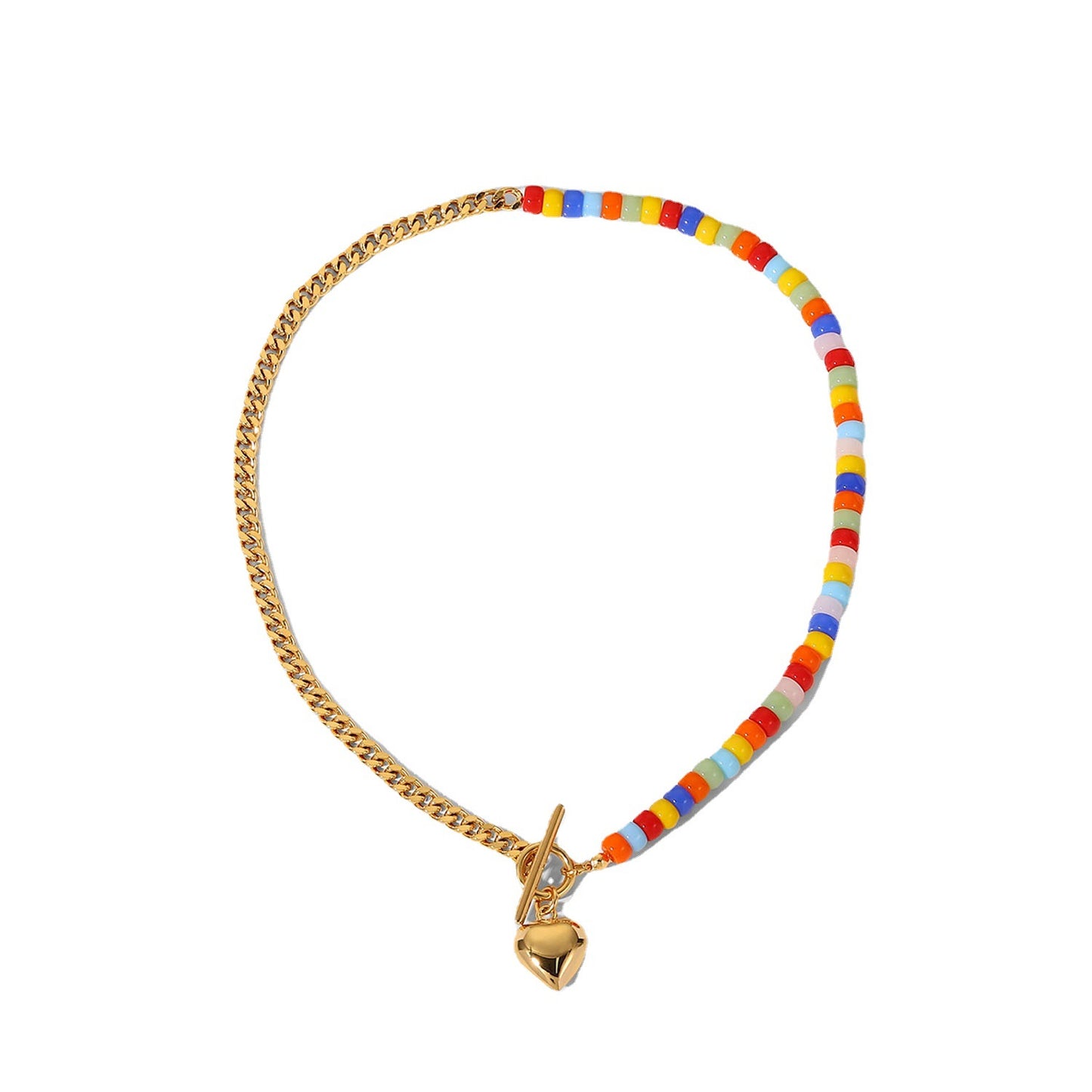 5pcs Colored Ceramic Beaded Mosaic Cuban Chain 18K Gold Ot Buckle Love Pendant Stainless Steel Necklace Collar Female