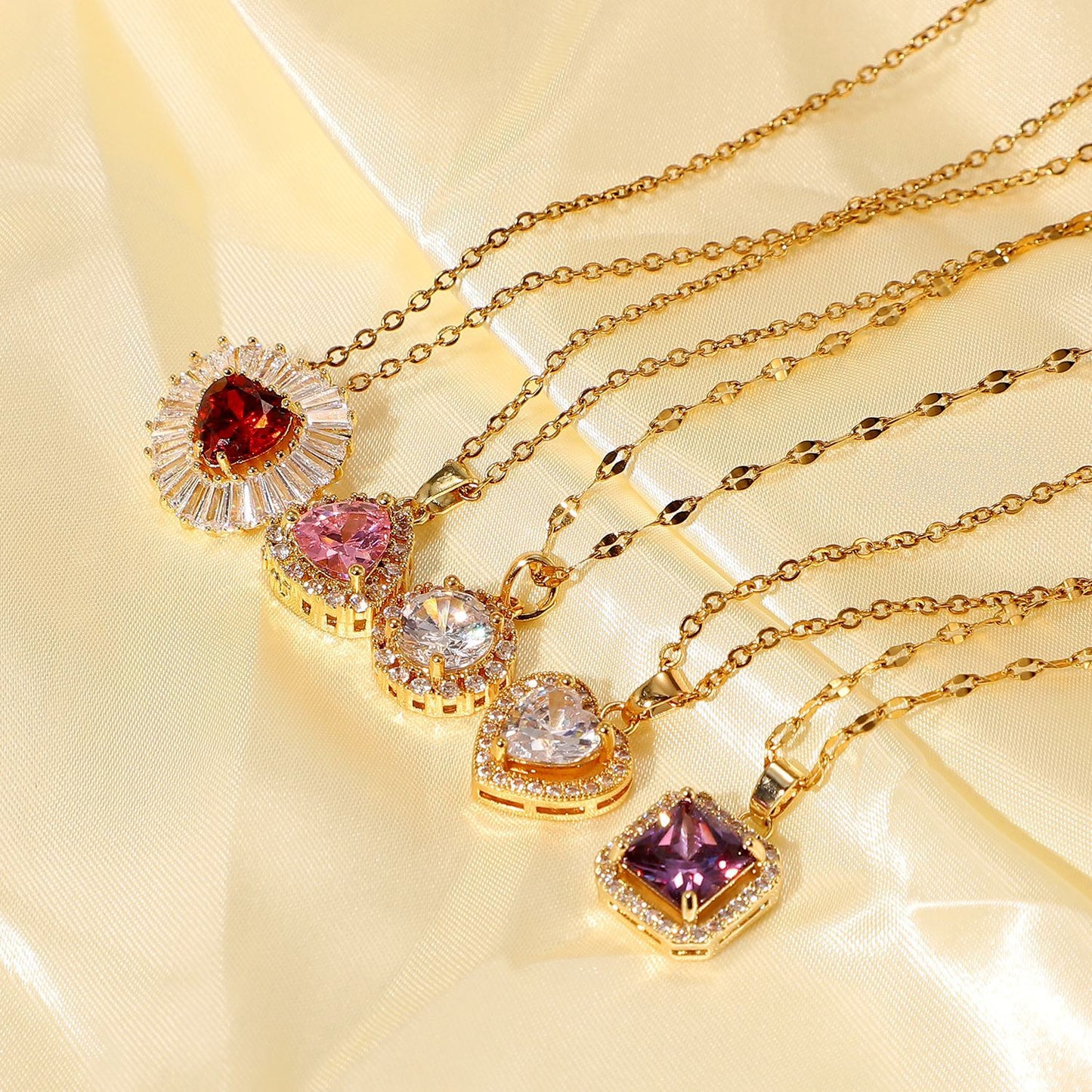 5pcs 18K Stainless Steel Chain White Microinset Zircon Encrusted Purple Square Zircon Pendant Necklace For Ladies