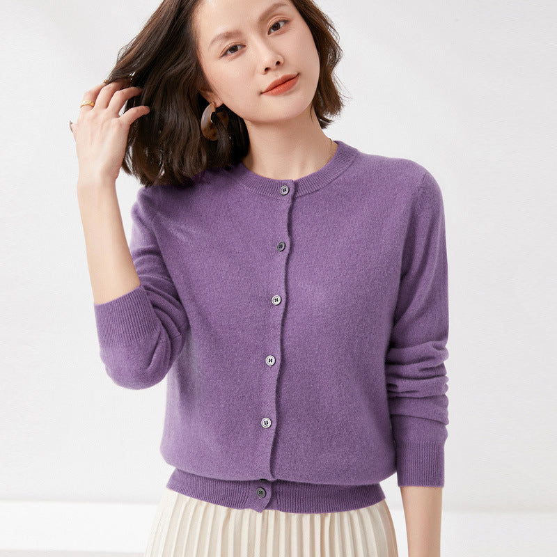 100 All-Wool Sweater Women's Knitted Crewneck Cardigan Casual Everyday Slimming Spring Cashmere
