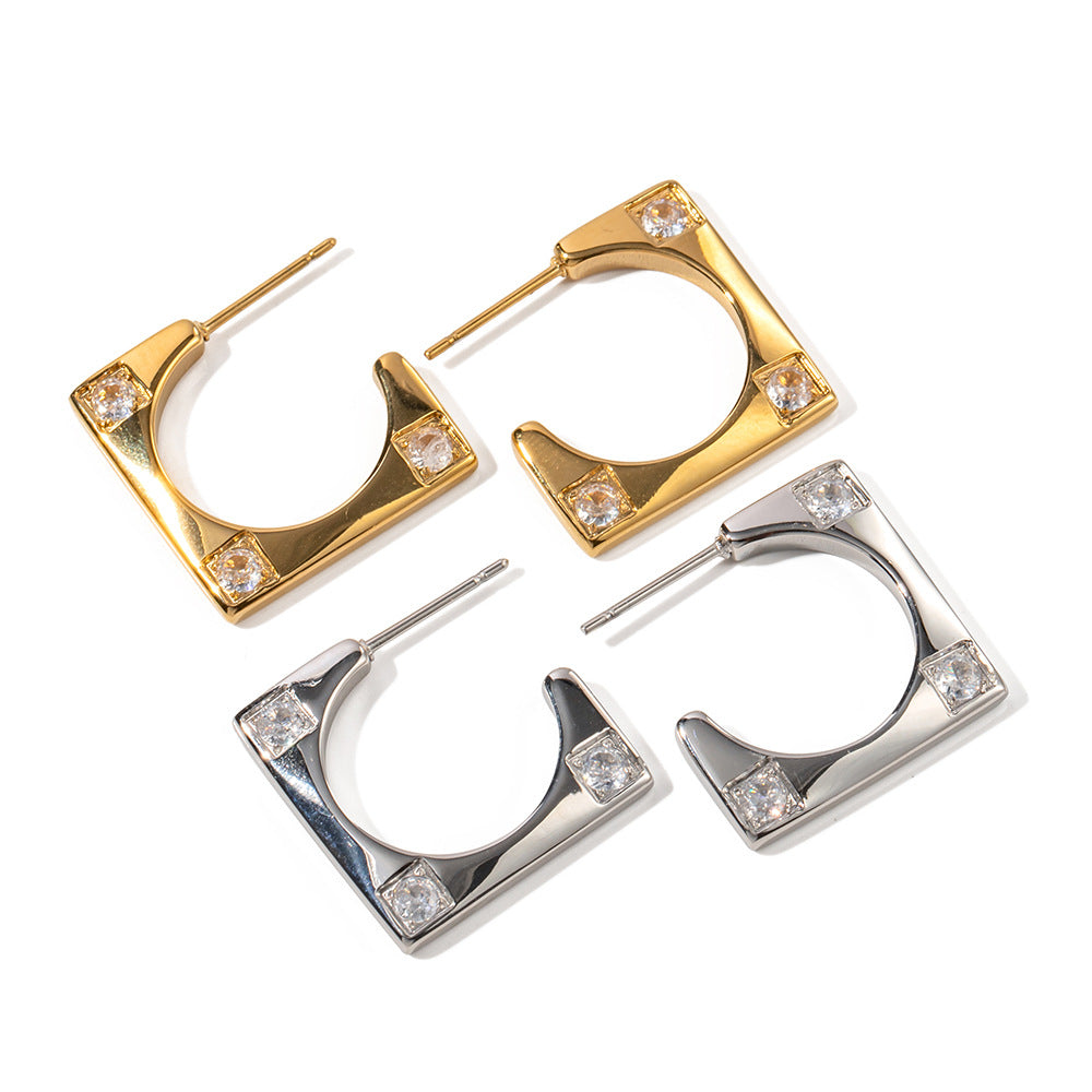 5pcs Stylish 18K Gold-Plated Stainless Steel Square Zircon Inlaid Earrings Light Luxury Niche Design Earrings