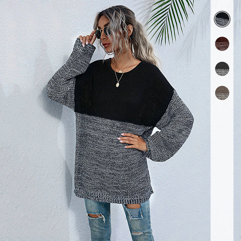 Color Contrast Round Neck Long Sleeve Knitted Sweater - Women's Medium-Length Fashion