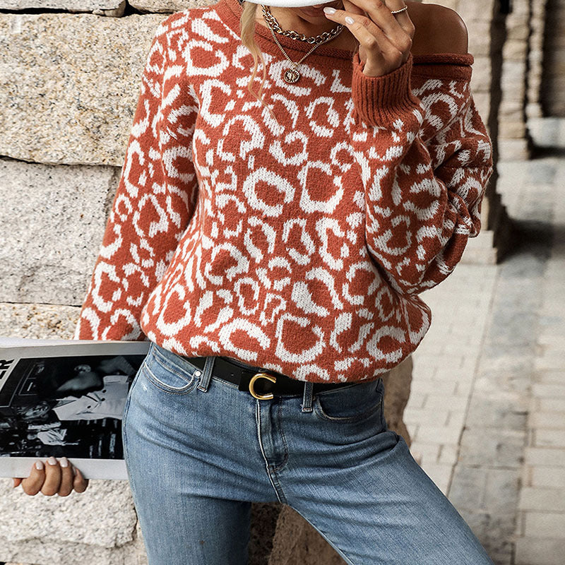 Autumn/Winter New Women's Casual Jacquard Long-Sleeved Leopard Print Sweater