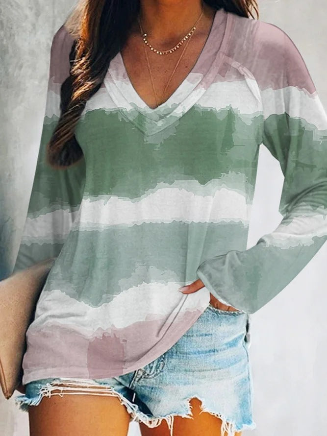 Autumn And Winter Women's Tie Dye Gradual Print V-Neck Long Sleeve T-Shirt Woman