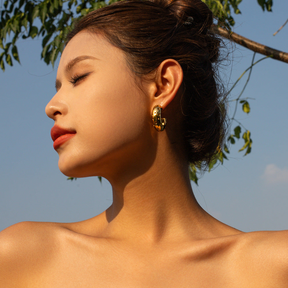 5pcs Fashion 18K Gold Stainless Steel Round Hollow C-Shaped Earrings Clip Combination Earrings Studs