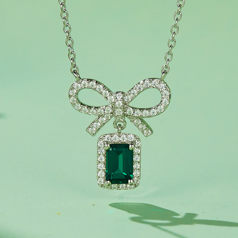 Bow 50 Pieces Rectangular Cultivated Emerald S925 Silver Plated Platinum Pendant Necklace Seenwork D Class First Jewelry