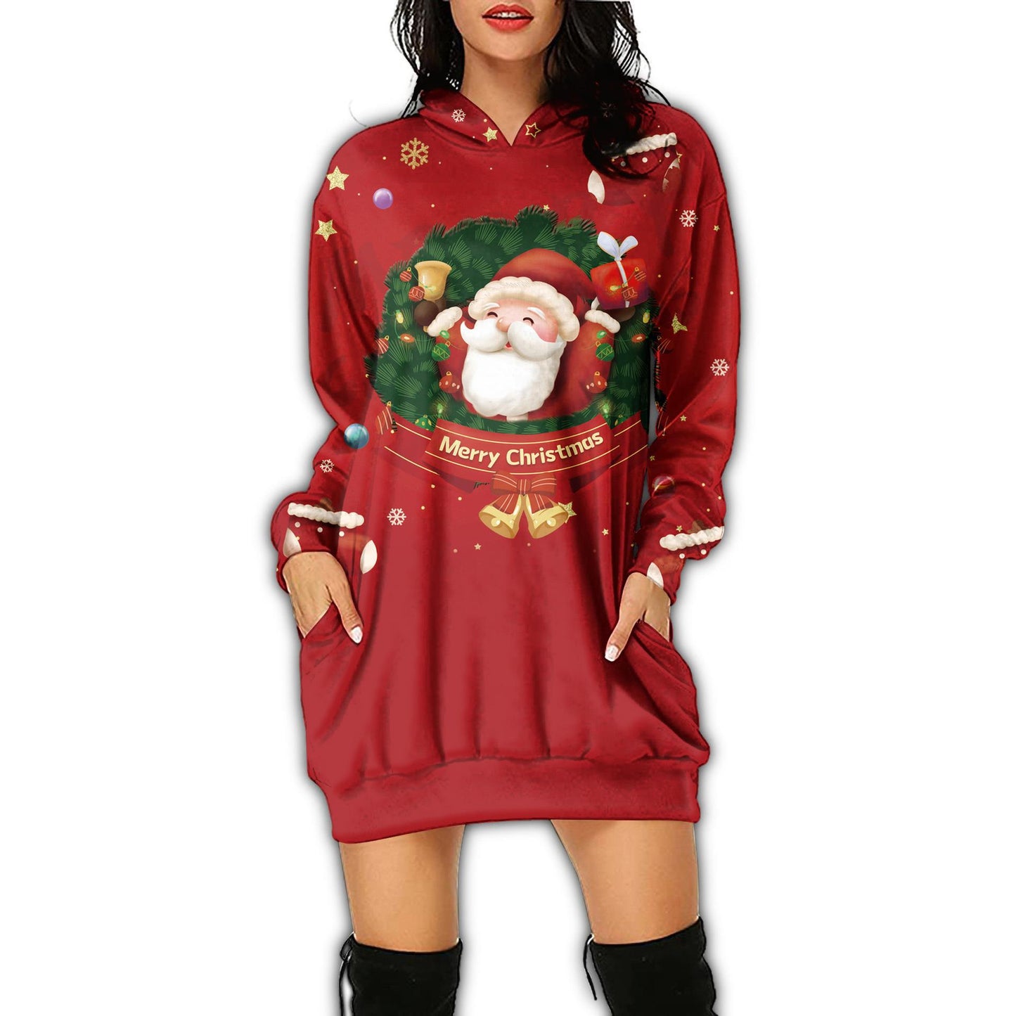Autumn Women's Print Casual Long-Sleeved Hoodie Dress Christmas Holiday Party Dress