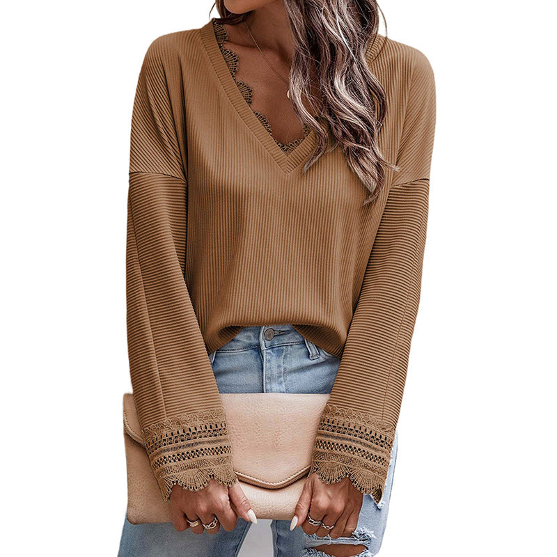 Thin Simple With A Solid Color Knitted Shirt Women Early Autumn New Lace Lace Edge V-Neck Long Sleeve Top Women