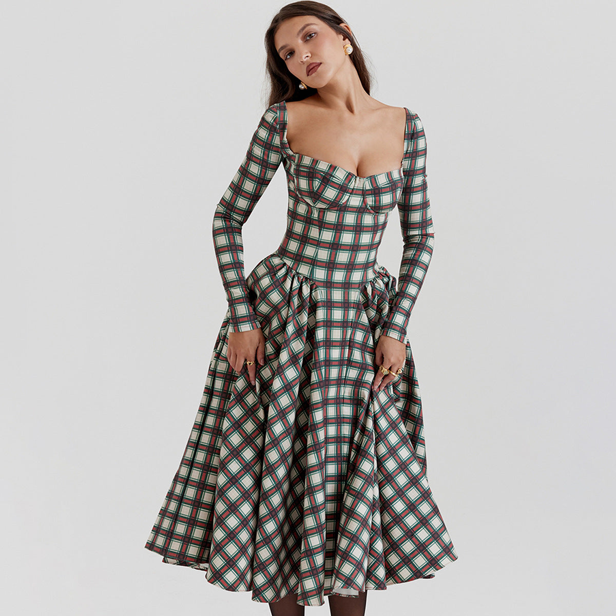 Plaid Slim-Fit Backless Dress Sexy Square Neck Midi Christmas Dress Holiday Dress
