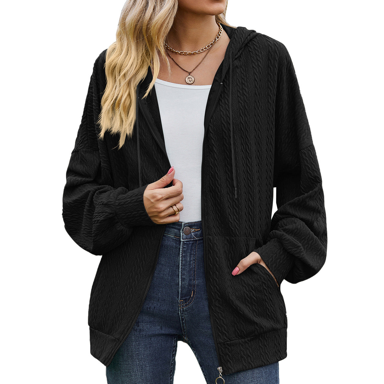 Autumn And Winter New V-Neck Zipper Solid Color Long Loose Hoodie Coat Women