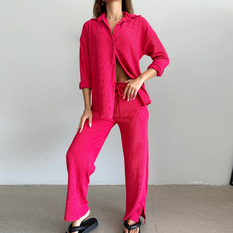 Fashion Casual Suit Cardigan Lapel Long Sleeve Solid Color Loose Pants Women's Two-Piece Set