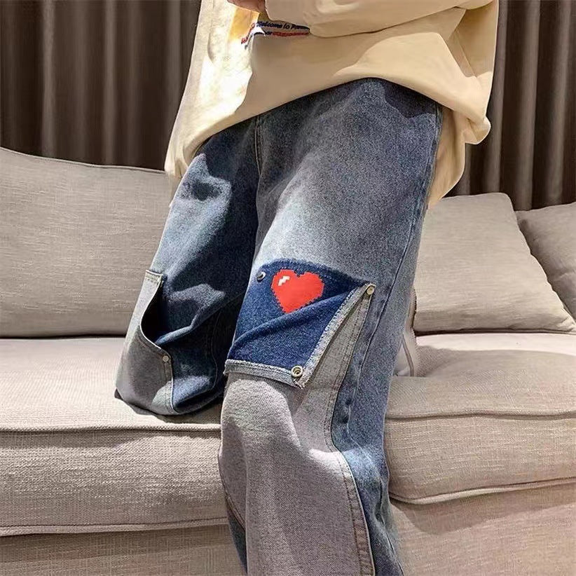 Summer Niche Patchwork Design Love Jeans Men Oversize Wide Leg Straight Leg Long Pants