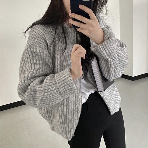 South Korea Autumn And Winter New Retro Lazy Loose Zipper Twist Sweater Coat Female Thick Line Knitted Cardigan