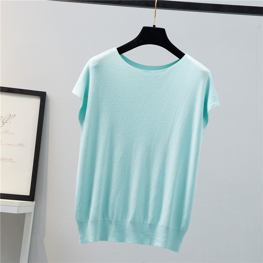 Summer Women's Solid Color Knitted T-Shirt Short Sleeve Ice Silk Color Contrast Design Thin