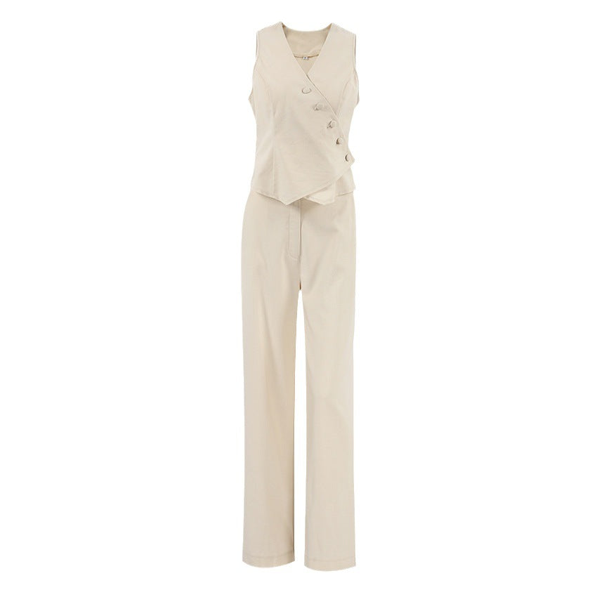 Commuter Apricot Cotton Vest Vest Vest Broadleg Pants Two-Piece Women's Summer Deconstruction Design Sense Suit