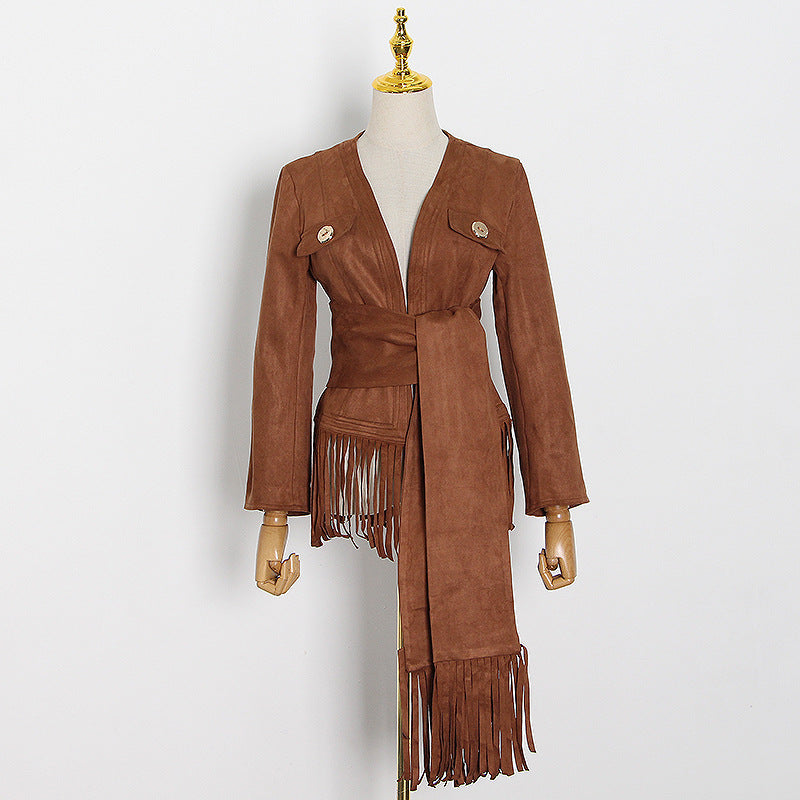 New Fashion Lace-Up Bib A Variety Of Wear With Fringe Slim Horn Long-Sleeved Coat
