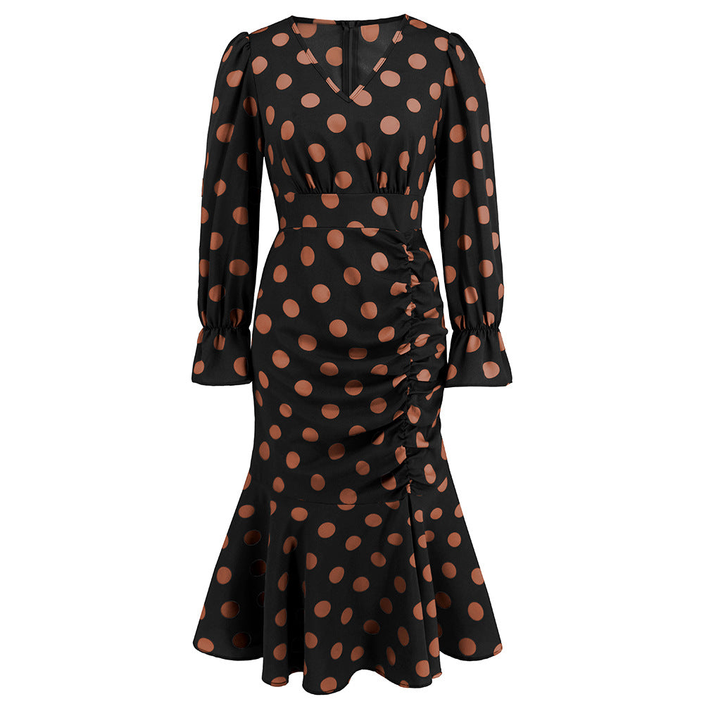 Sexy Polka Dot V-Neck Long-Sleeved Dress Pleated Fishtail Skirt Slim Temperament Long Skirt Women Plus Size