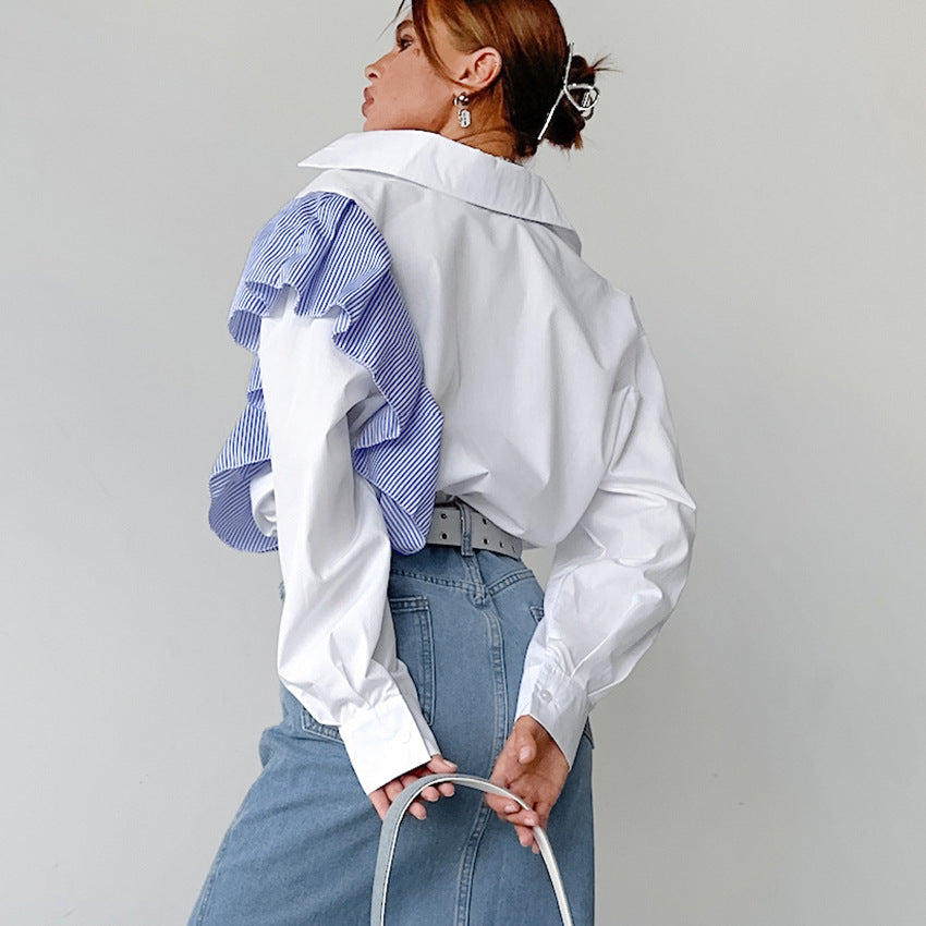 Spring Simple White Lapel Long-Sleeved Shirt With Contrasting Color Ruffled Cardigan Shirt For Women