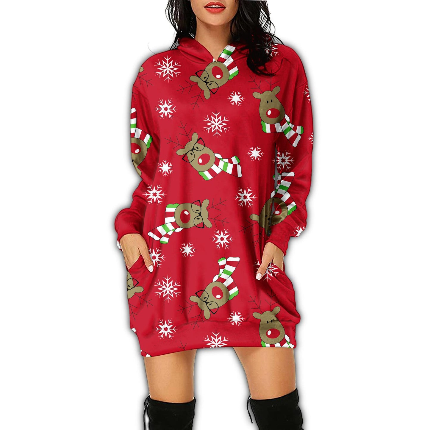 Autumn Women's Print Casual Long-Sleeved Hoodie Dress Christmas Holiday Party Dress
