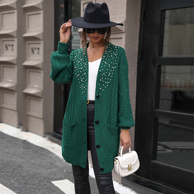 Women's Knitwear Autumn And Winter Pattern Knitted Coat In The Long Beaded Sweater Cardigan