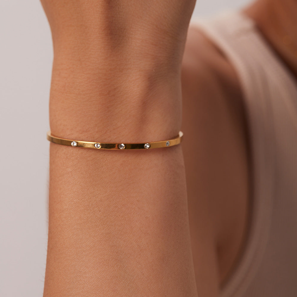 5pcs Retro Titanium Steel Narrow Version Round Zircon Open Bracelet Does Not Fade Stainless Steel Bracelet Female Advanced Sense