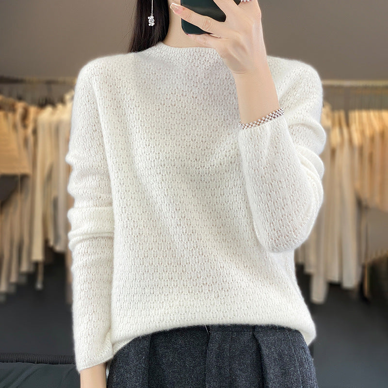 Autumn And Winter Knitted Pure Woolen Sweater Female Half Turtleneck Hollowed Out Loose Pullover Sweater Slimming Top Base Shirt