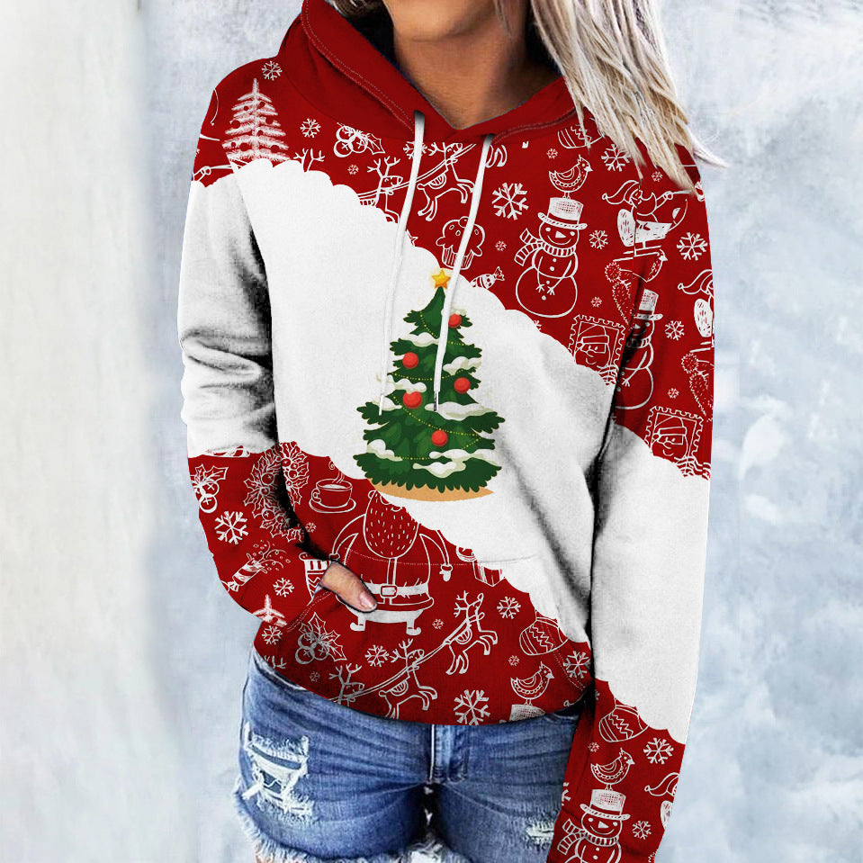 Women's Autumn New Christmas 3D Digital Print Loose Hooded Hoodie For Women