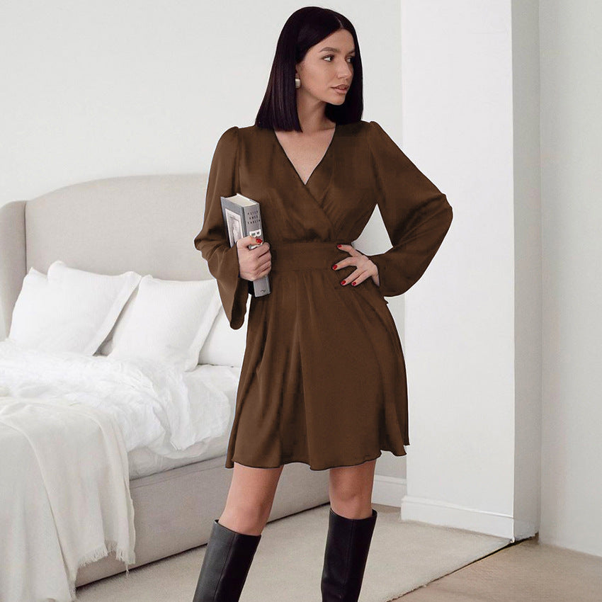 Navy Blue V-Neck Flared Sleeves Commuter Lace-Up Dress New Spring Fashion Short Skirt Women