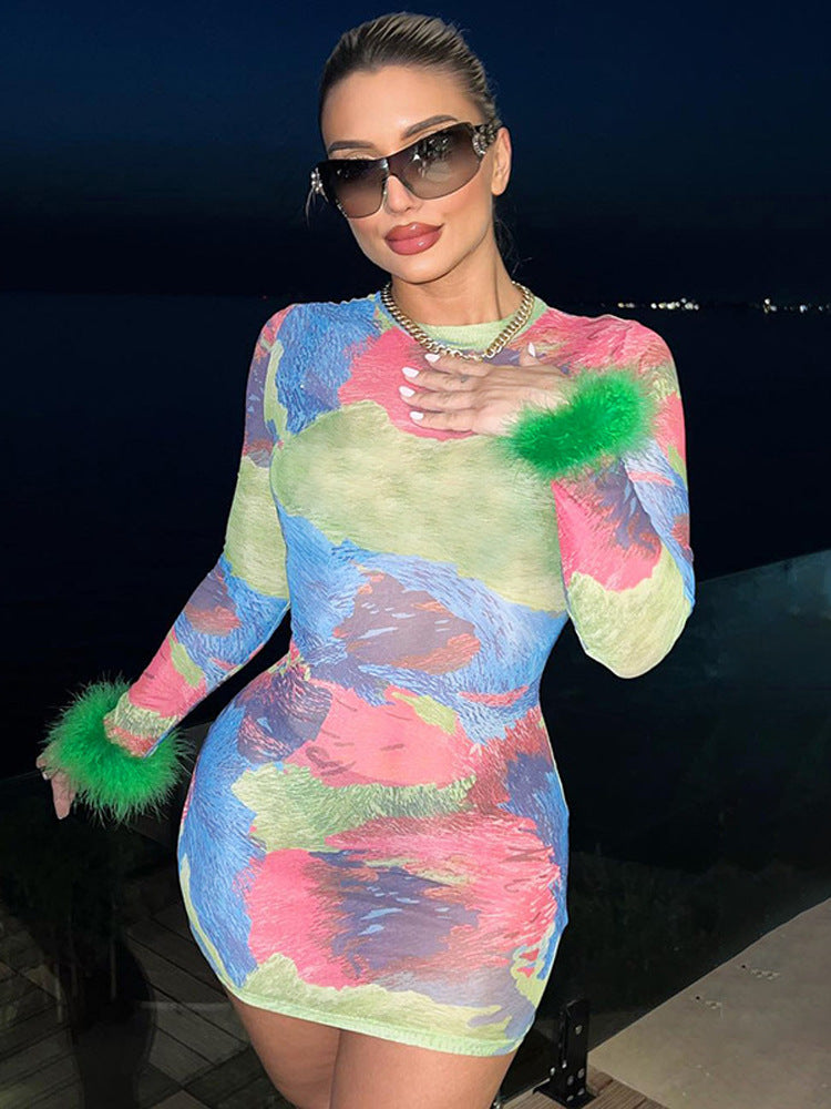 Autumn And Winter New Women's Print Slim Round Neck Long Sleeve Dress Splicing Hairy Skirt High Fanny Pack Bottom Skirt