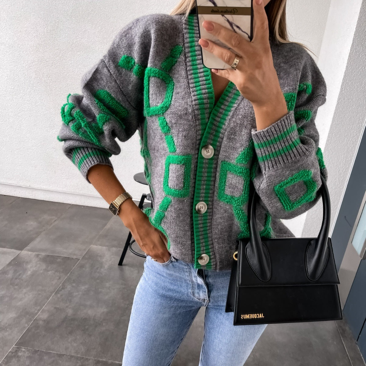 Autumn And Winter New Casual Color Contrast Letters Single-Breasted Long-Sleeved Sweater Cardigan Coat