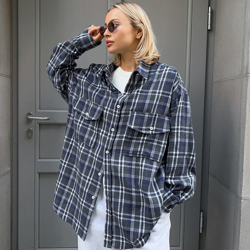 Spring Classic Oversize Lapel Plaid Women's Shirt New Fashion Top For Women