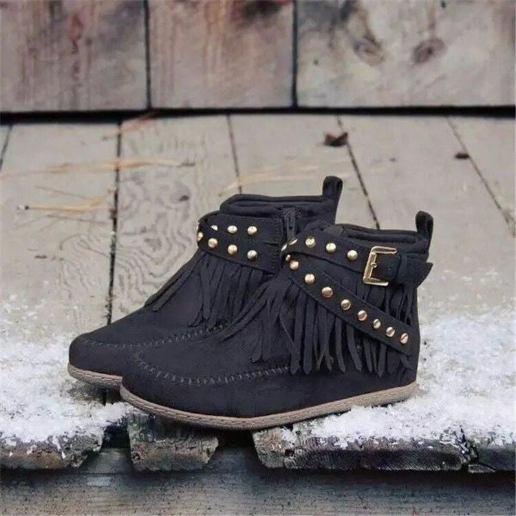 Autumn And Winter Ankle Boots Tassel Boots Women Flat Buckle Martin Boots Retro Knight Boots Horse Machine