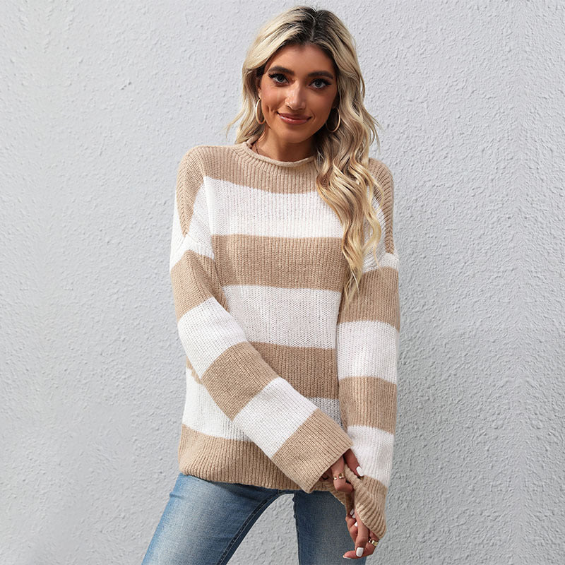 New Autumn And Winter Fashion Women's Long-Sleeved Striped Half Turtleneck Sweater
