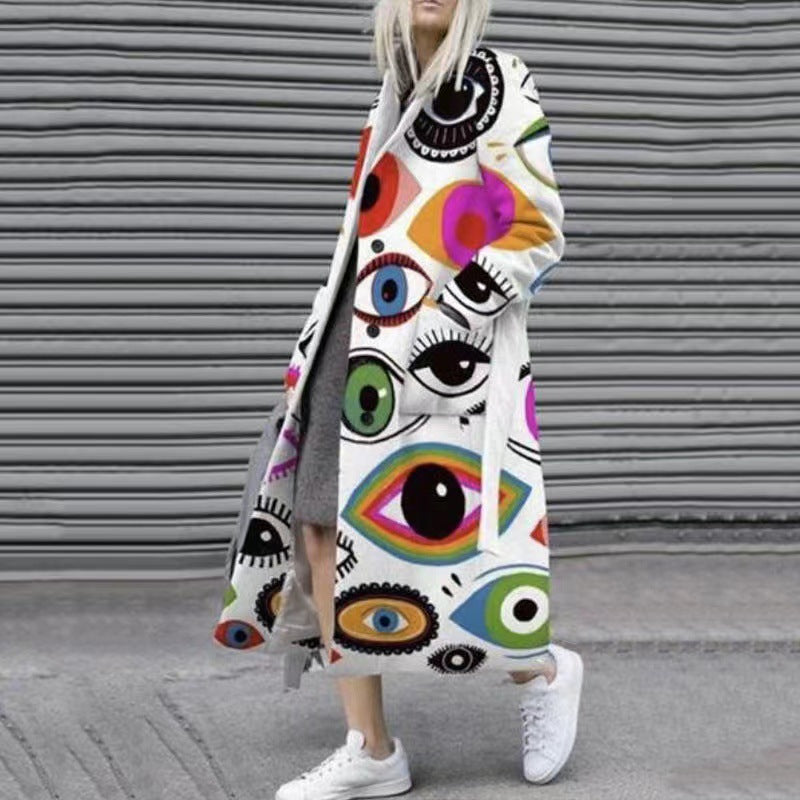 New Autumn Women's Long Sleeve Lapel Coat Printed Wool Long Coat