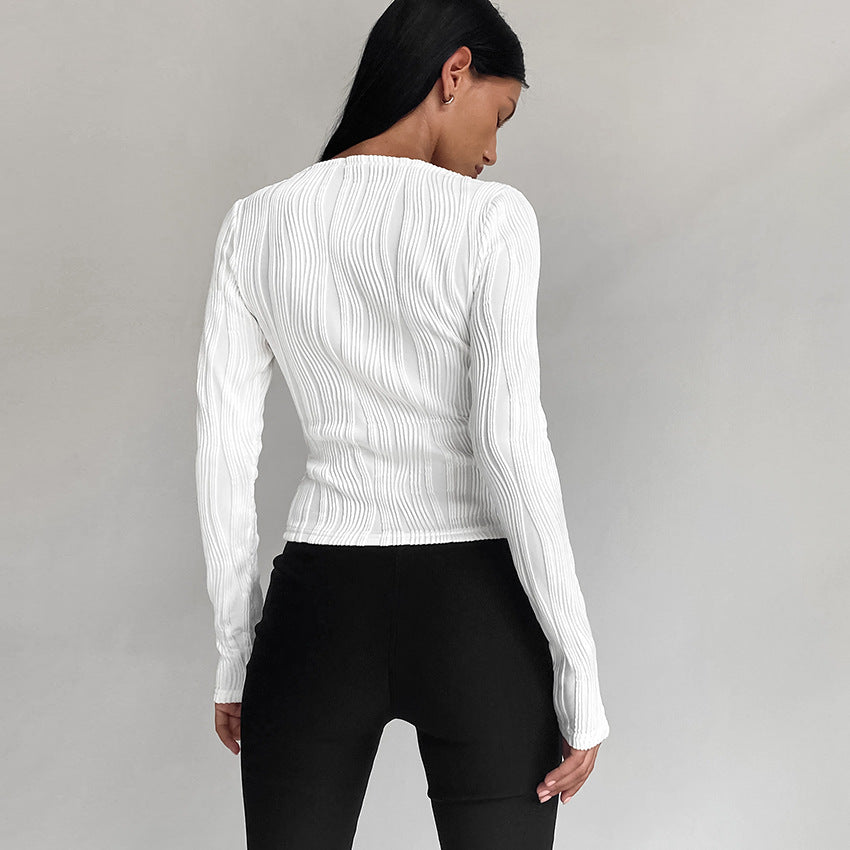Knit Pleated Long-Sleeved T-Shirt Autumn And Winter New Slim-Fit With Women's Top Fashion Commute