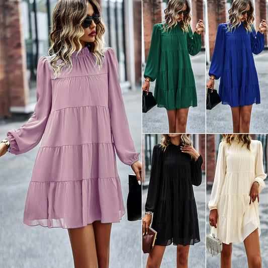 Round Neck Long Sleeve Loose Dress Spring And Autumn Seasons Casual A-Line Skirt Temperament