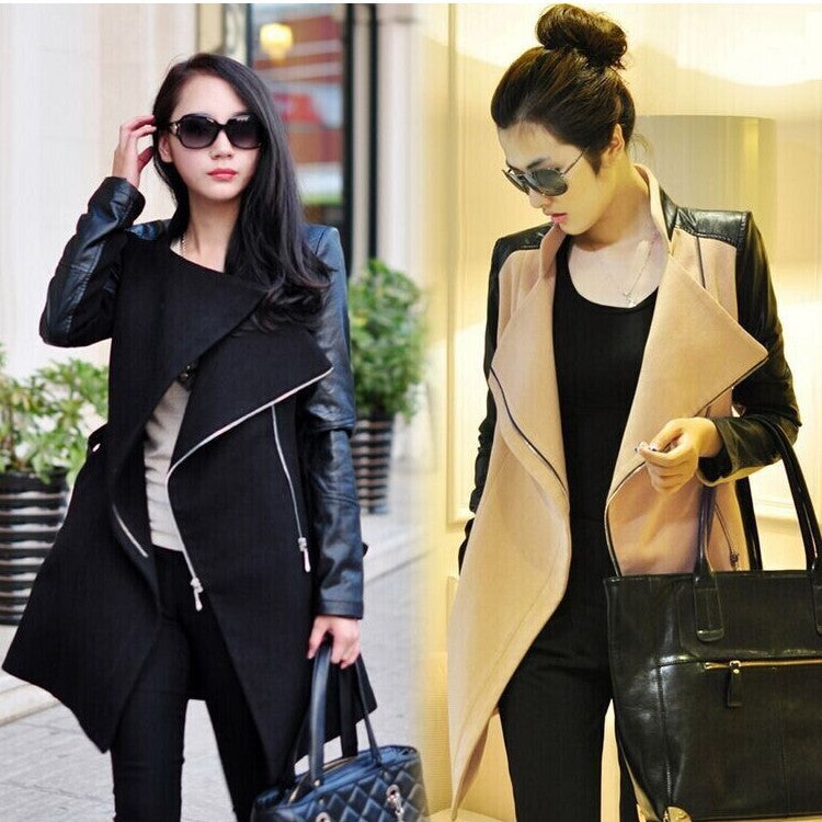 Extraordinary Medium Length Plus Size Coat Spliced Leather Sleeve Wool Coat Trench Coat