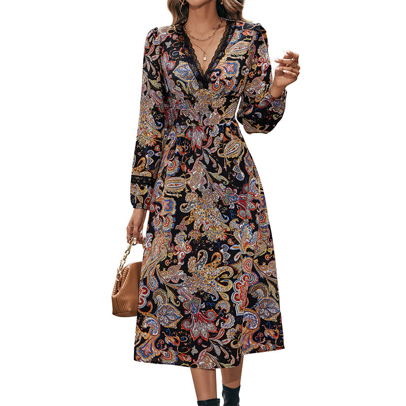 Spring And Autumn Fashion Luxury Women's Lace V-Neck Long Sleeve Printed Slim-Fit Temperament Dress