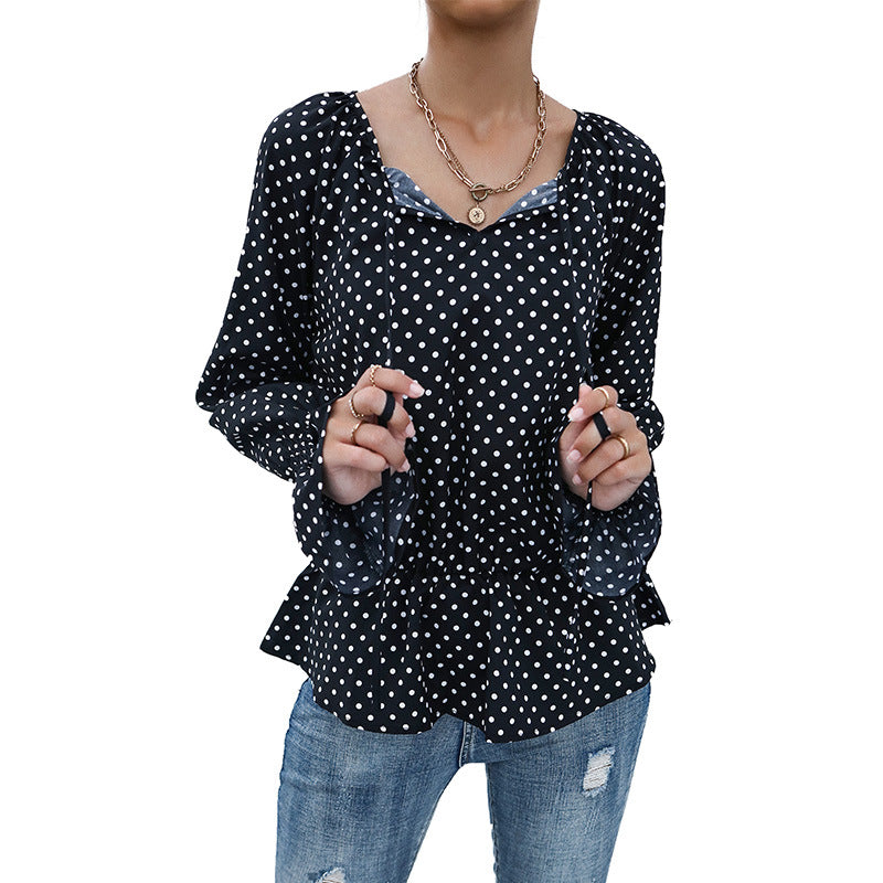 Fashion Women's Tie Black Polka Dot Long-Sleeved Shirt Women Spring And Autumn