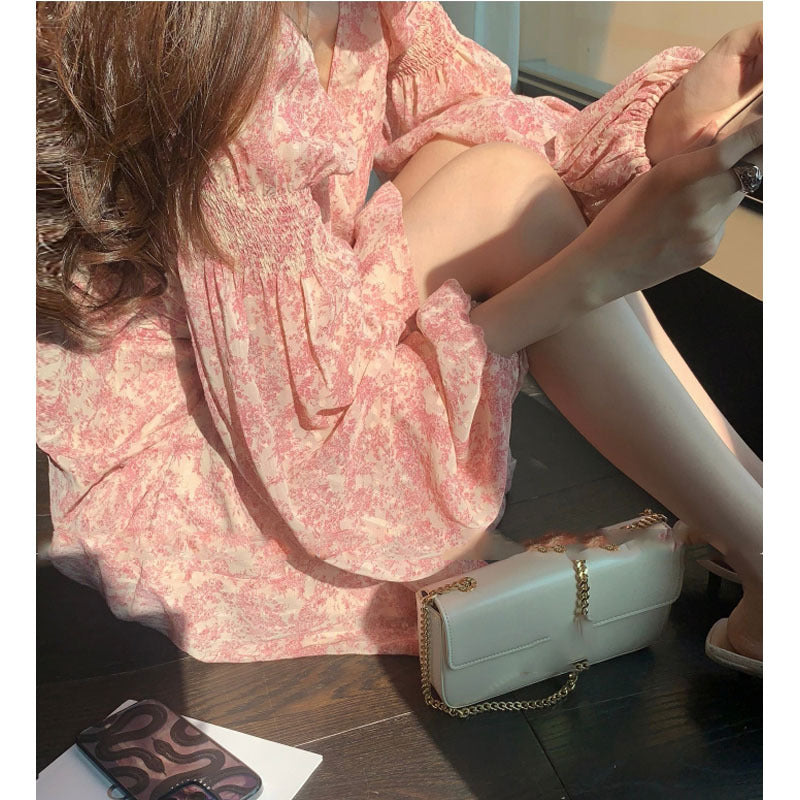 Thirteen Lines Autumn And Winter Women's New Pink Collar Floral Dress Chiffon Lantern Sleeve Long Skirt Long Skirt