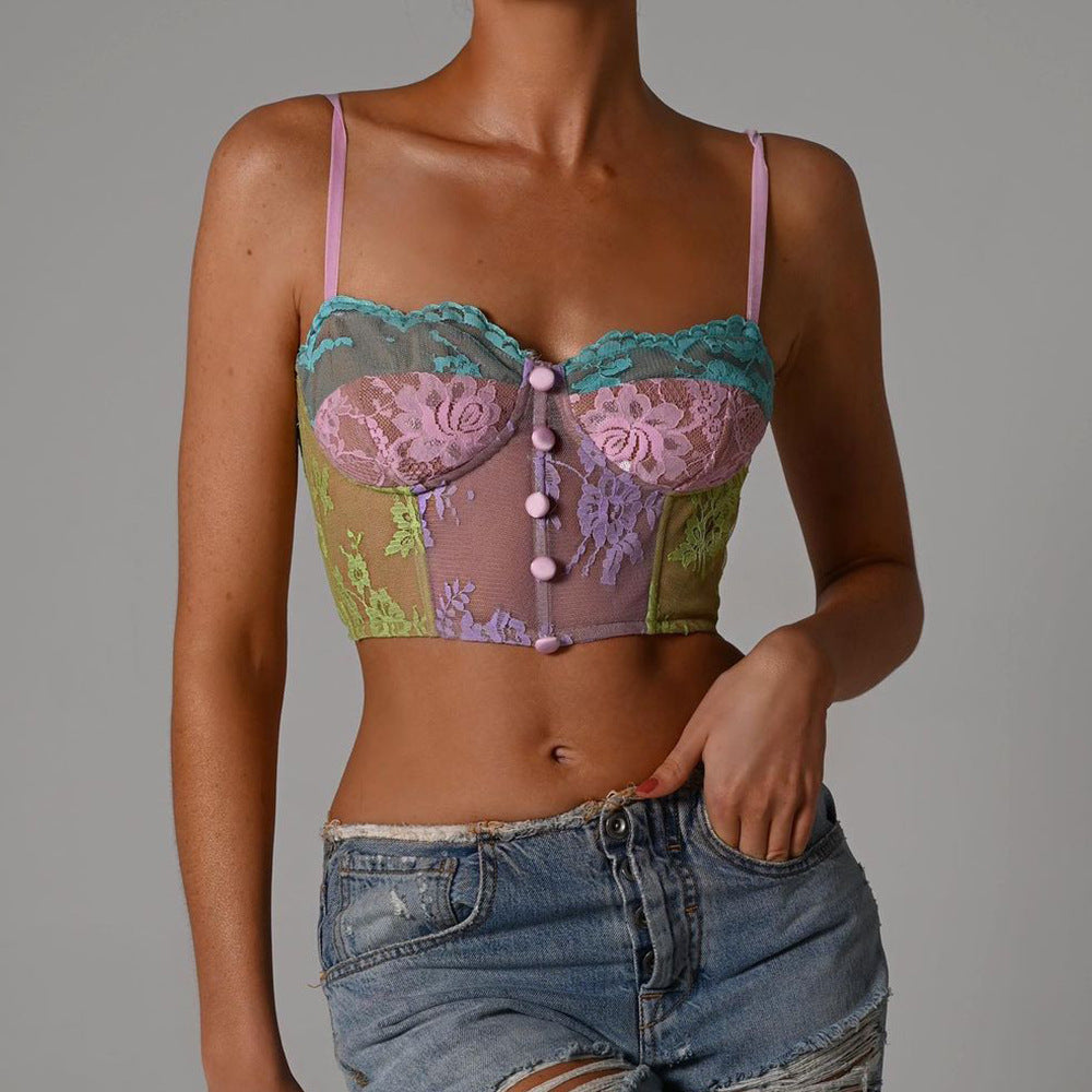 Contrasting Color Perspective Lace Embroidered Fishbone Wrapped Chest Irregular Halter Vest Party Top Woman