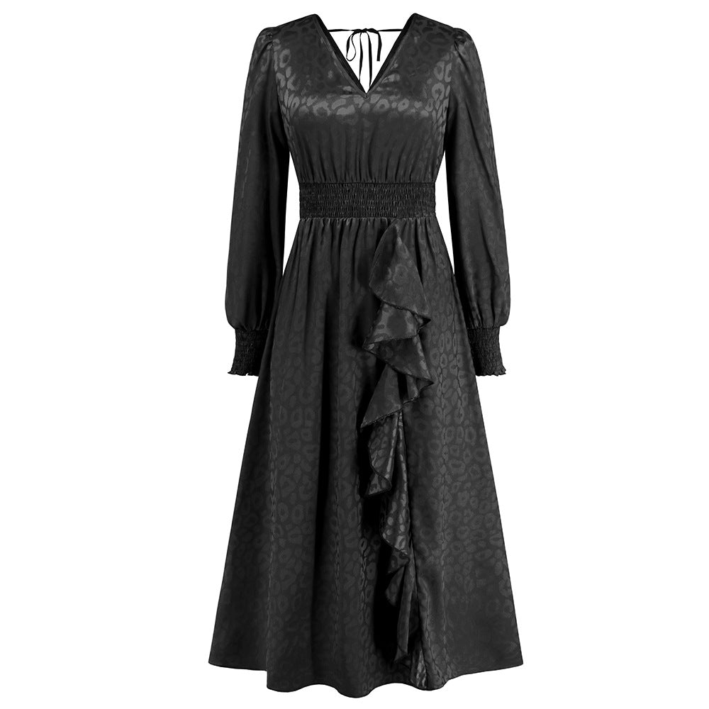 Women's Dress Autumn And Winter V-Neck Long Sleeve Leopard Dress Big Size