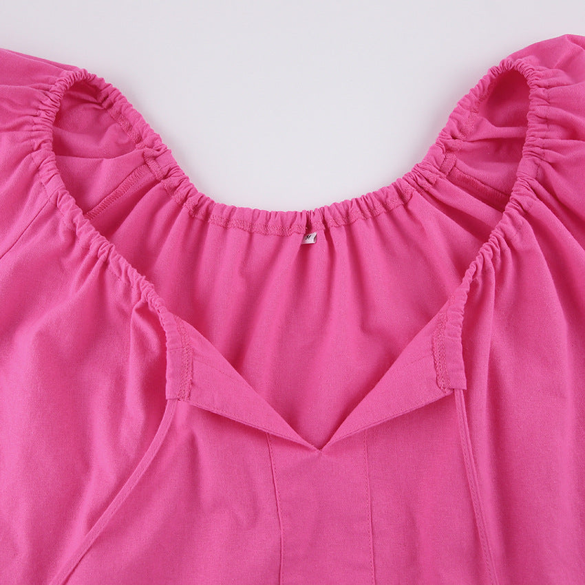 Summer New Fashion Leisure Suit V-Neck Cotton Hemp Women Lantern Sleeve Shirt Short Two-Piece Set