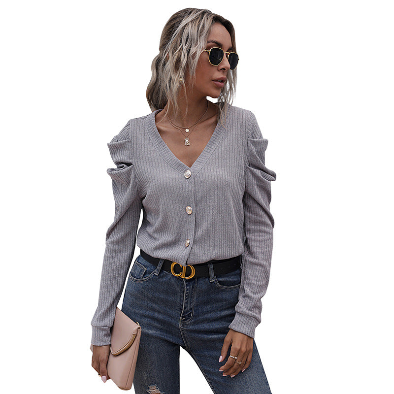 Autumn Wind Trend V-Neck Solid Color Knitted Long Sleeve Sweater Short Coat Women