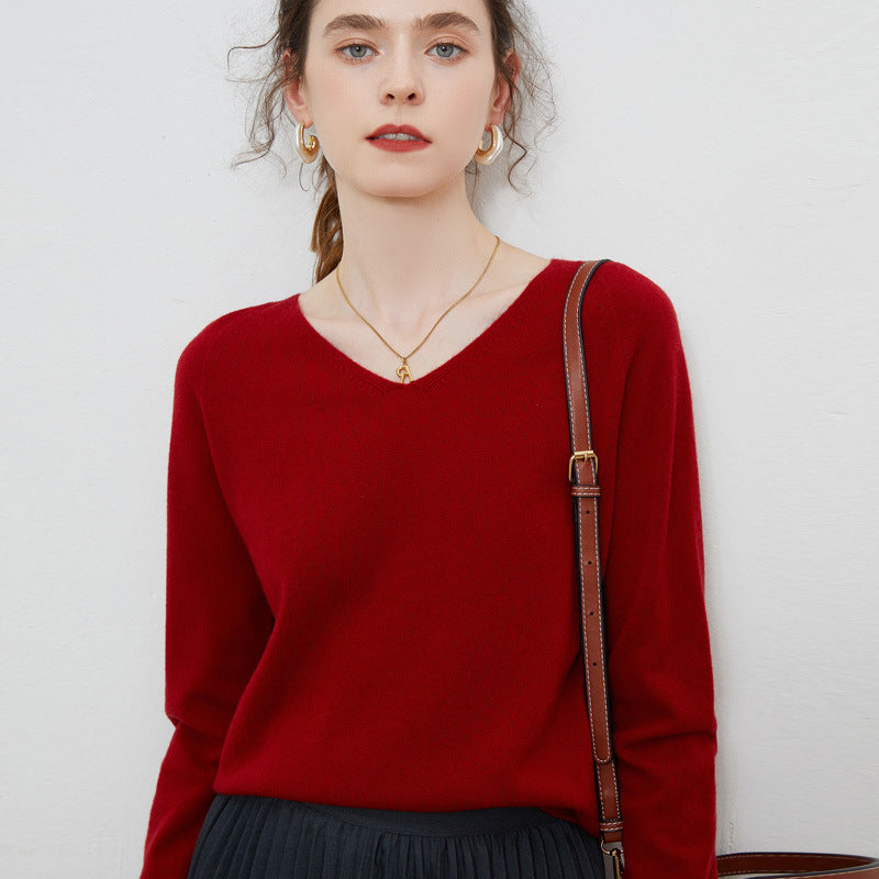 Women's 100 Wool Base Sweater V-Neck Knitted Loose Cashmere Sweater Slimming Autumn And Winter Top