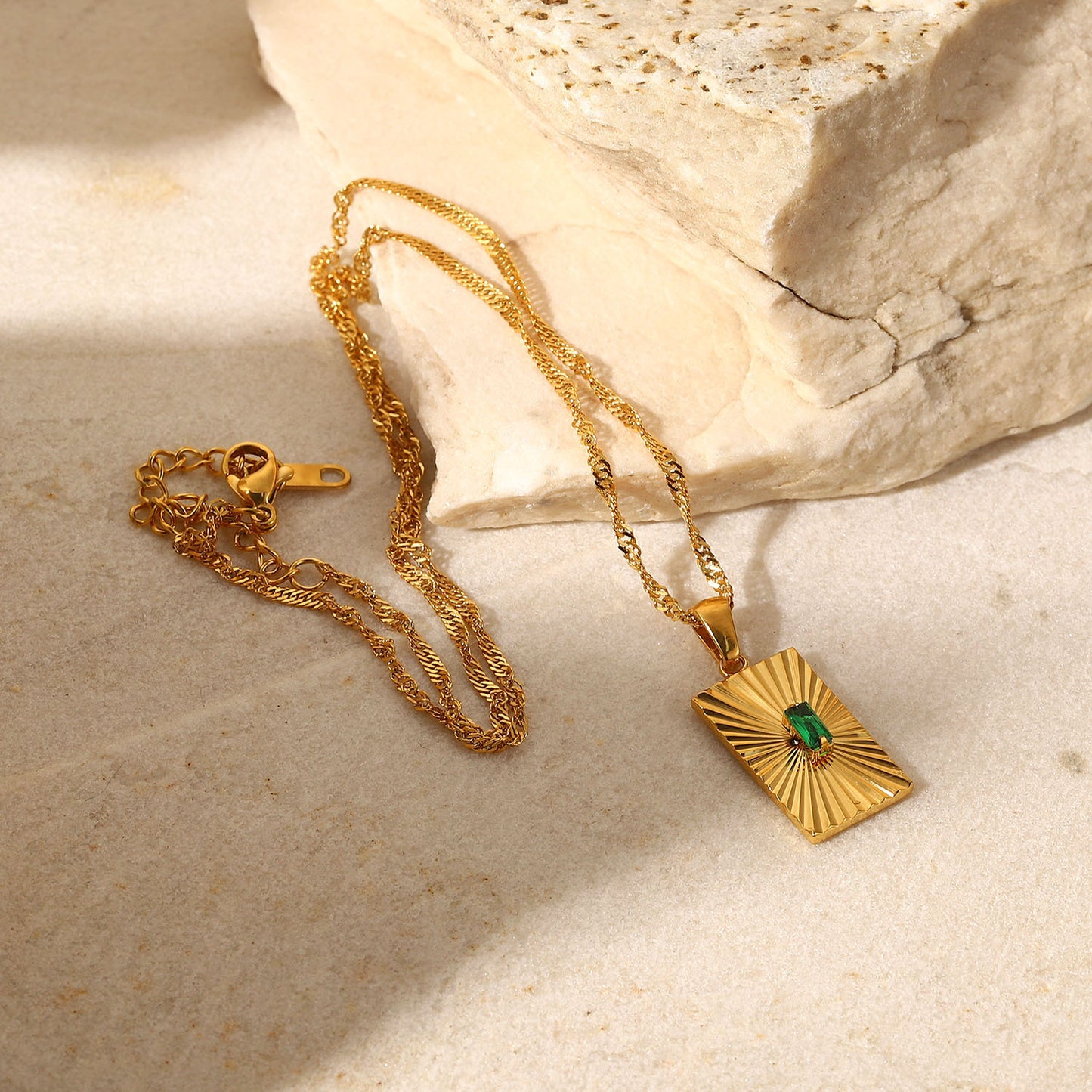 5pcs Vintage Emerald Zircon Mosaic Split Flower Rectangular Pendant Necklace 18K Gold Stainless Steel Collar Female