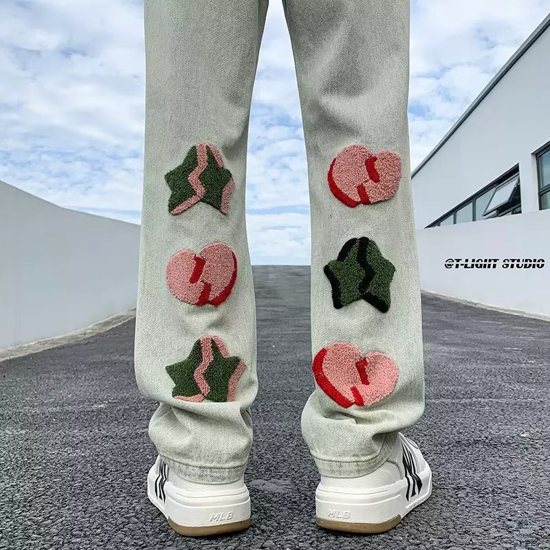 Men Niche Spring And Autumn High Street Vibe Slim Pants Towel Embroidered Straight Leg Casual Pants Jeans