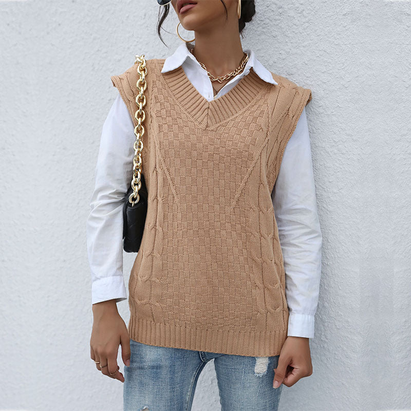 Early Autumn New Fashion Knitting Solid Color Twist Sweater Vest Woman