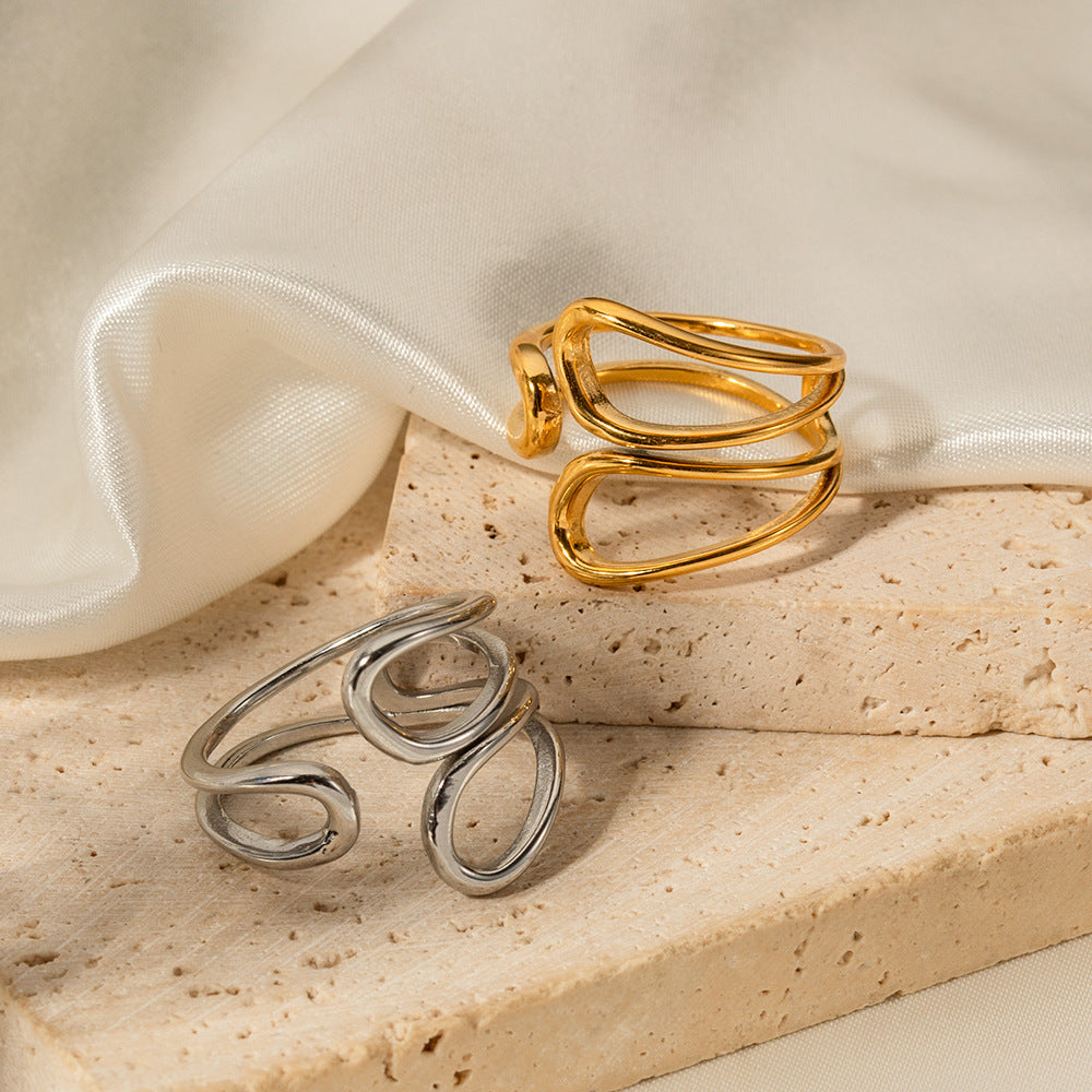 5pcs Niche Design Exaggerated Style 18K Gold Stainless Steel Advanced Staggered Sense Open Ring Does Not Fade Jewelry
