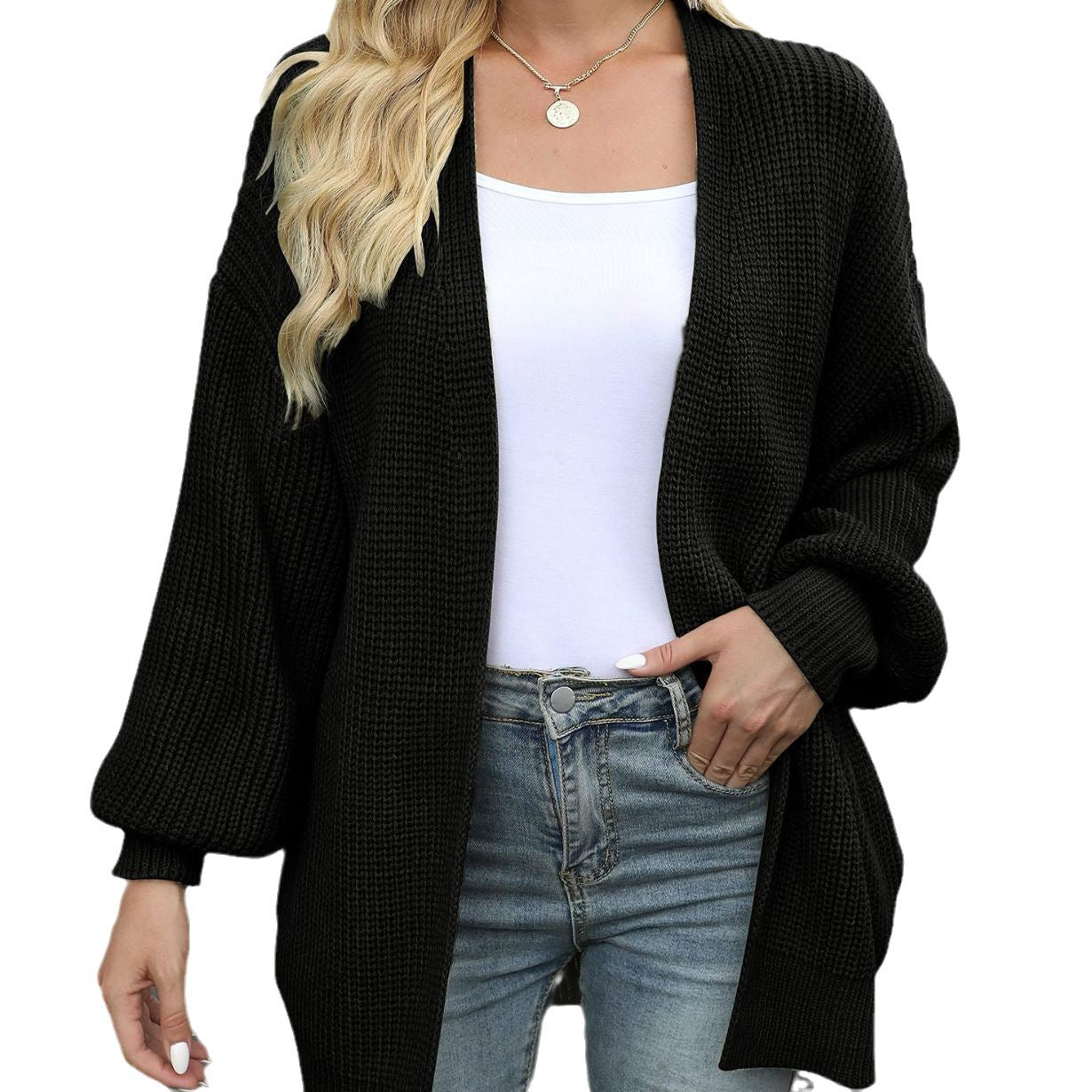 Women's New Autumn And Winter New Lantern Sleeve Sweater Women's Coat Coarse Pocket Knitted Cardigan