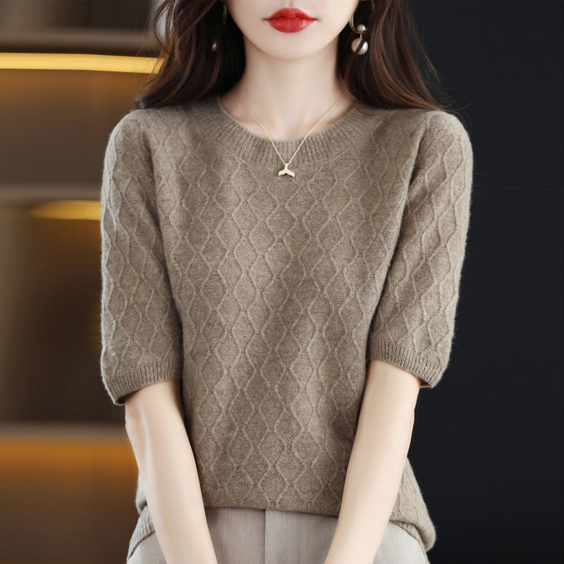 New 100% Pure Woolen Sweater Women Round Neck Short Sleeve Bottom Shirt Fashion Half Sleeve Knitted Top Fashion Pattern
